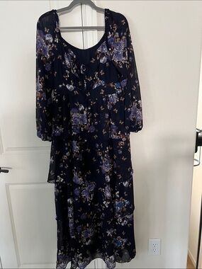 Navy Floral Maxi Dress with Lavender and Brown Accents